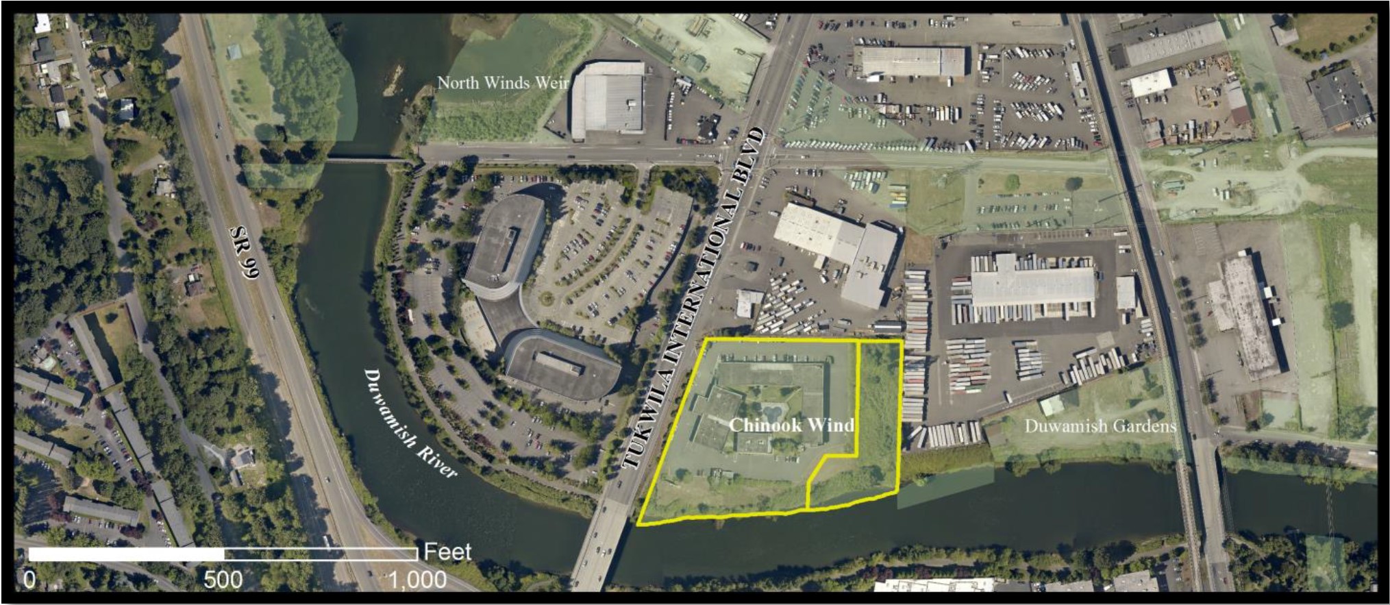Chinook Wind estuary project aerial photo of the neighborhood before demolition