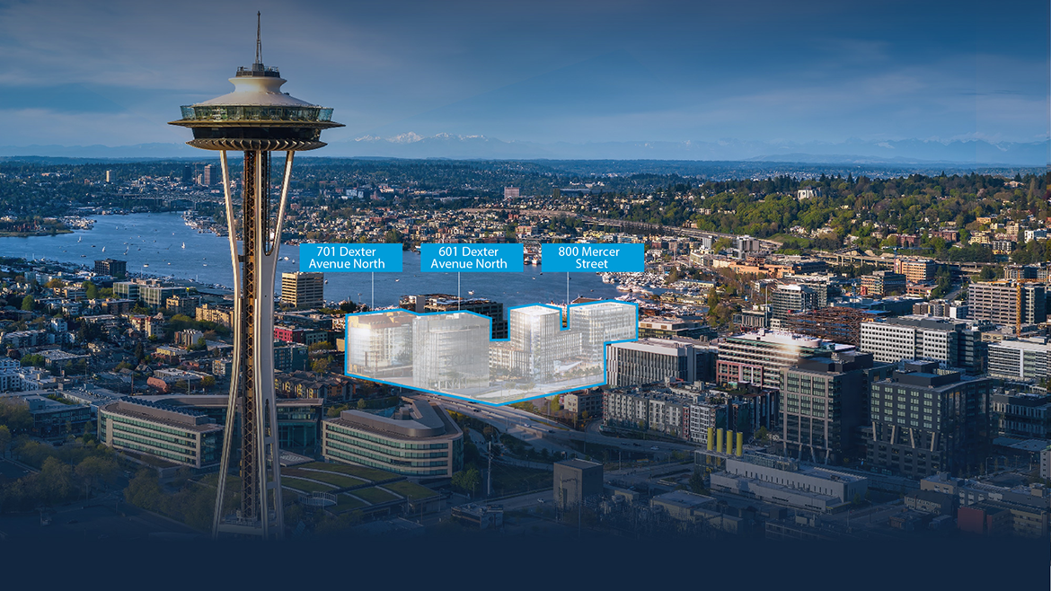 Aerial photo showing the Space Needle with the new South Lake Union life sciences campus including  existing and planned buildings at 701 Dexter Avenue North, 601 Dexter Avenue North, 800 Mercer Street and 400 Dexter Avenue North