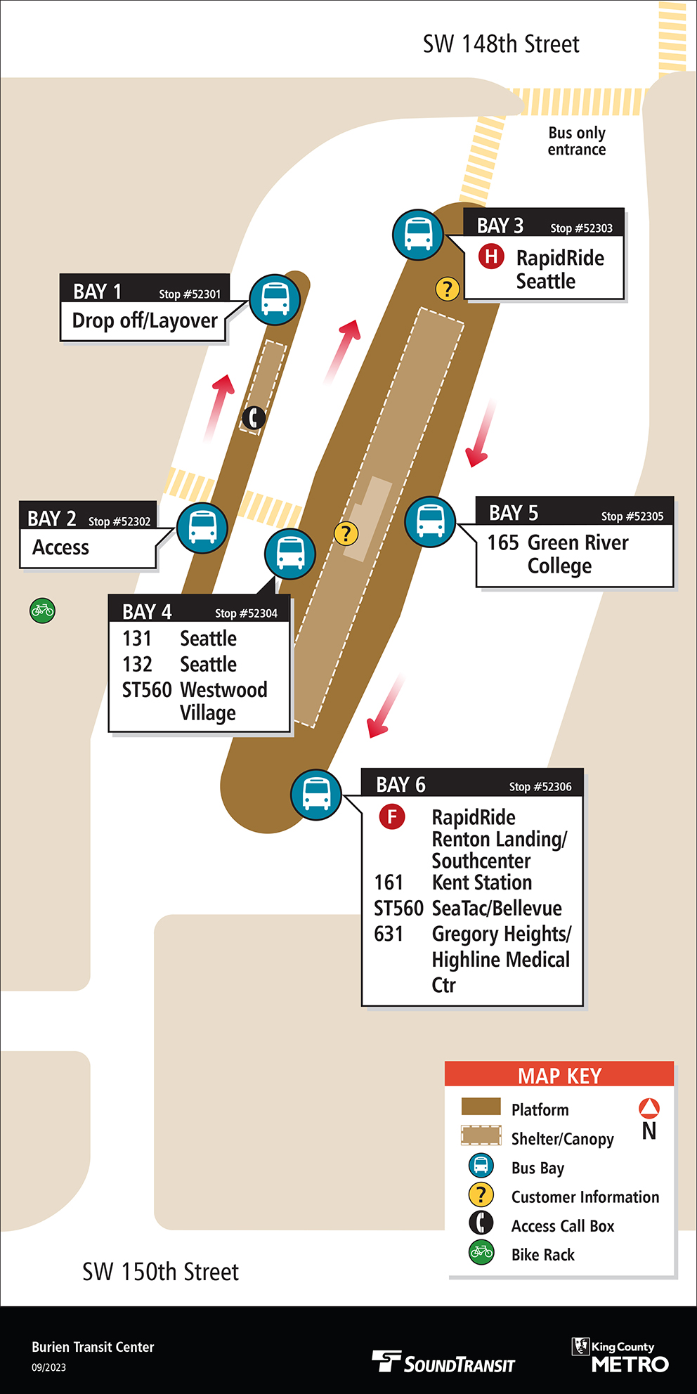 Map showing Burien Transit Center boarding locations