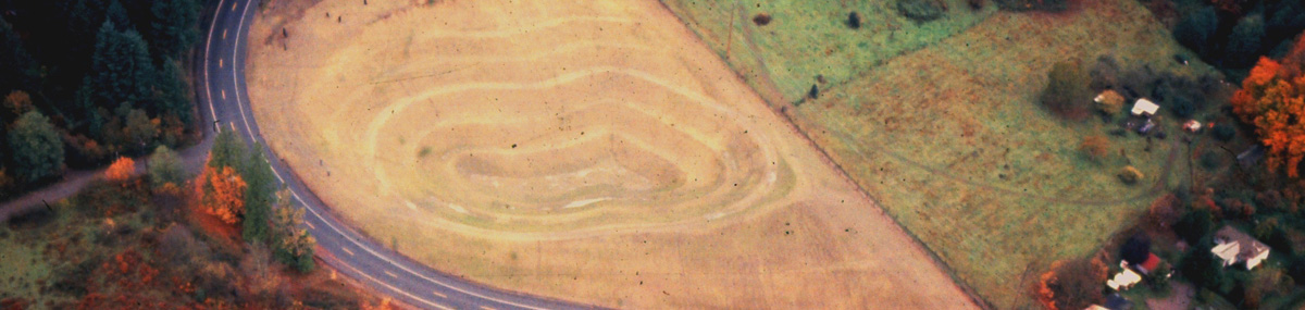 Aerial view of sloped pit and farmland